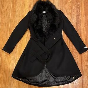 Calvin Klein, Black Coat with Removable Faux Fur. Size 6. Never worn.